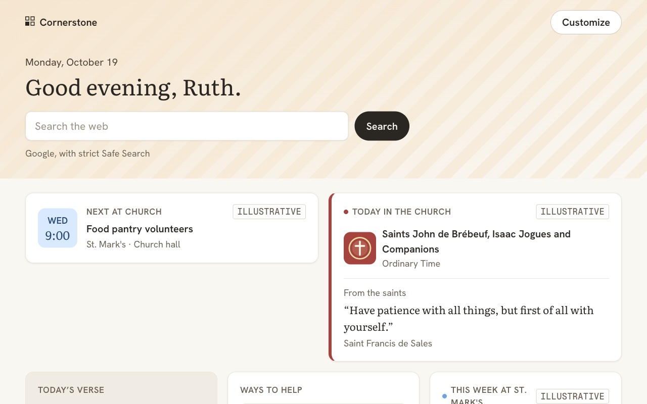 The Rohi new tab: a greeting, what's next at church, today in the Church for a Catholic parish, and today's verse.