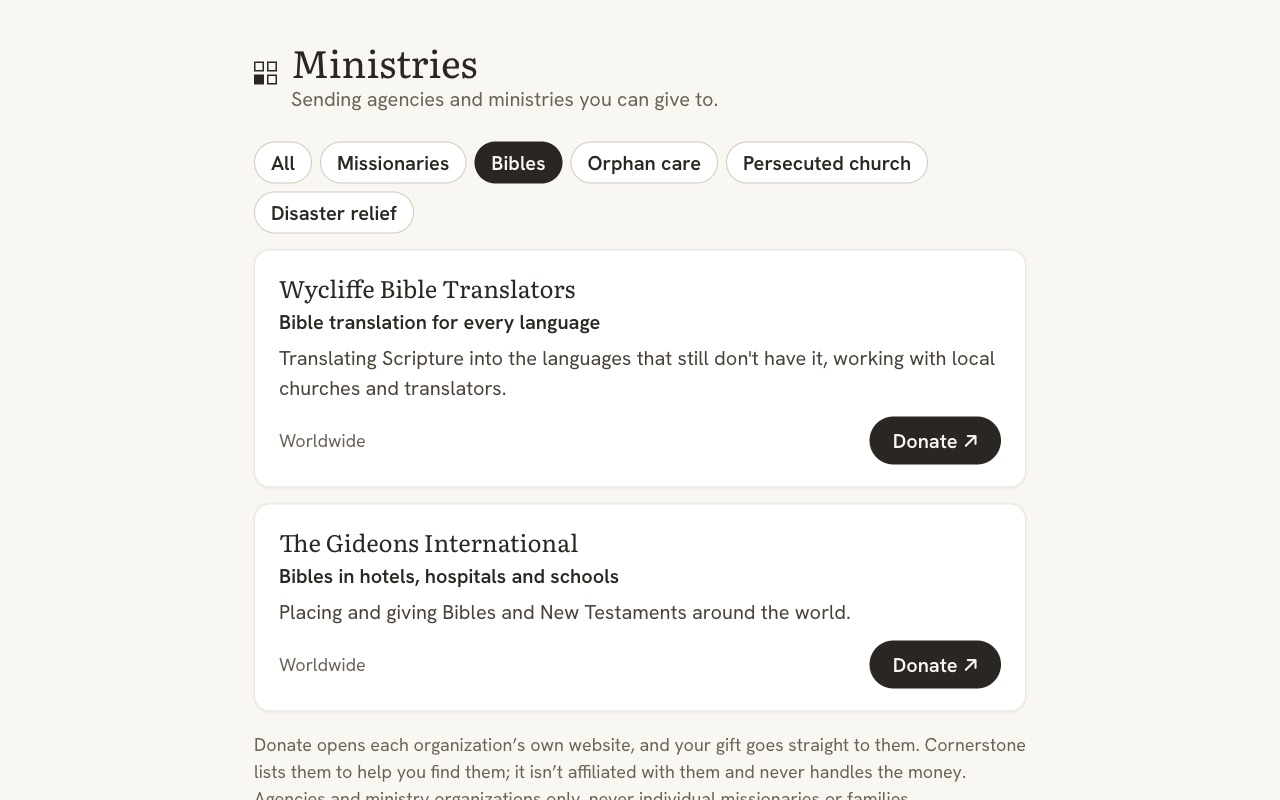 Ministries: Bible translation and distribution agencies with Donate buttons.